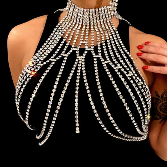 NEW-Luxury crystal chest chain, retro and high-end, multi-layer rhinestone necklace, body chain, dress accessories