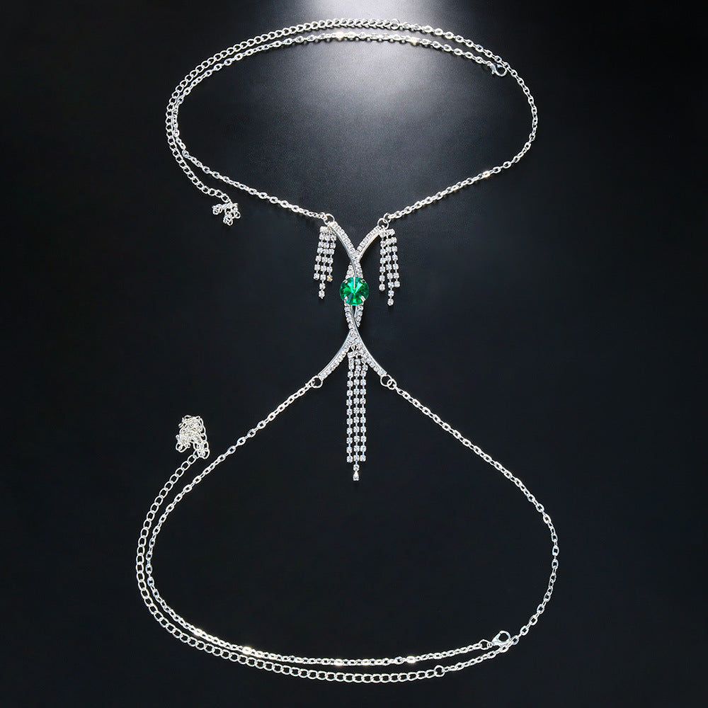 8446 Silver Rhinestone Crystal Body Chain For Women (green) Diamond Green Rhinestone Body Chain, Elegant Body Jewellery, FAN  main image 4
