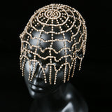 {2026 NEW}Rhinestone Mesh Headpiece Cap Silver Roaring 20s Crystal Flapper Head Chai