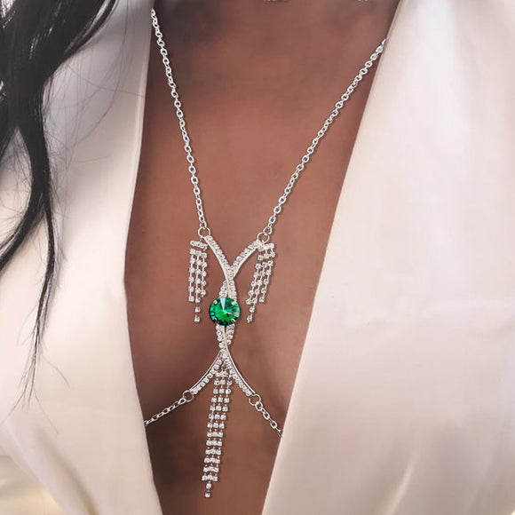 New- Exquisite Green Crystal Chest Bracket Bras Chain Body Jewelry Sexy Rhinestone Bikini Body Chain Harness Necklace For Women Gift