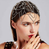 {2026 NEW}Rhinestone Mesh Headpiece Cap Silver Roaring 20s Crystal Flapper Head Chai