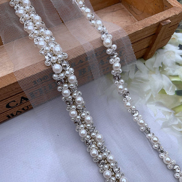 NEW - Bridal Beaded Pearl & Diamanté Trim