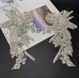 Sew on Heavy Luxury Glass Rhinestone Embroidered Flower Applique on mesh
