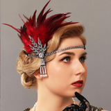 {2026 NEW}1920s-style flapper feather headband adorned with rich burgundy feathers and sparkling rhinestones