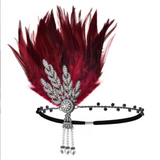 {2026 NEW}1920s-style flapper feather headband adorned with rich burgundy feathers and sparkling rhinestones