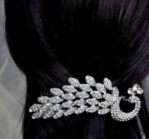 Rhodium Plated Clear Swarovski Sculptured 'Peacock' Crystal Side Hair Comb