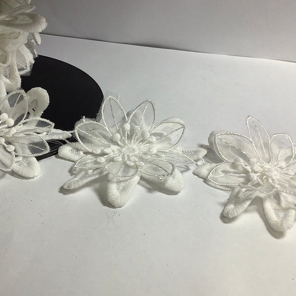 Luxury White Organza Tulle Lace Fabric 3D Beads Flowers Embroidery Ribbon Trim Edge