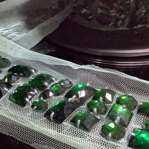 Green diamanté mesh trim