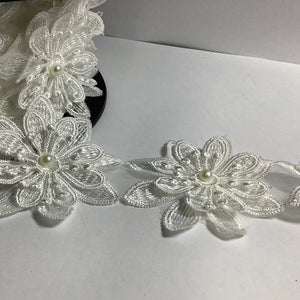 3D White Pearl Rose Flower Embroidered Lace Trim Ribbon