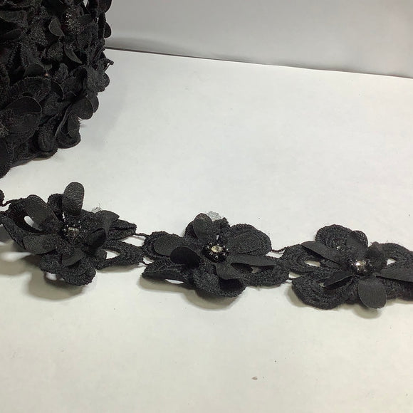 3D Black Flower Pearl Beaded Lace Fabric Trim Diamond Wedding Embroidered Applique