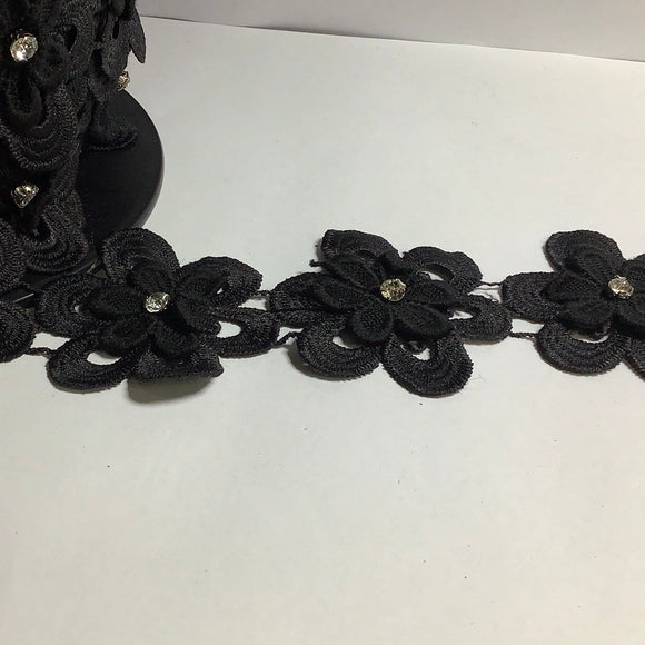 3D Black Flower  Lace Fabric Trim Diamond Wedding Embroidered Applique