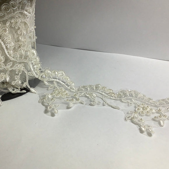 Beaded ivory alencon venetian lace trim for bridal veil