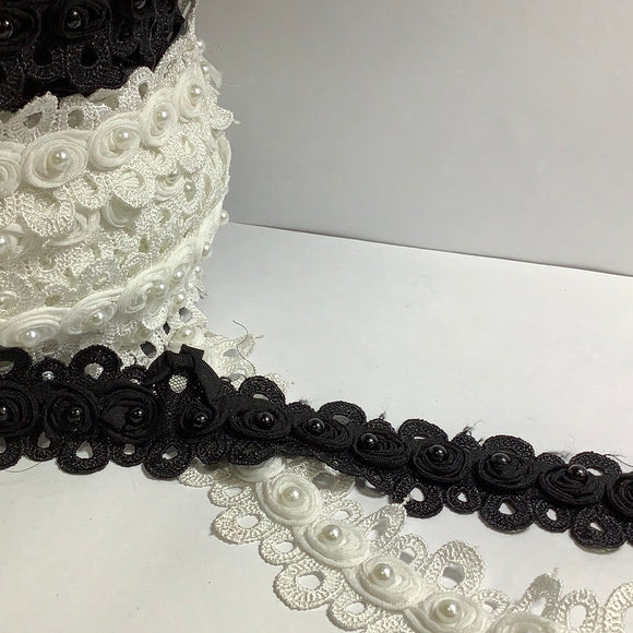 Claudelle ornate flower Pearl Trim Beaded Embroidery Lace Ribbon