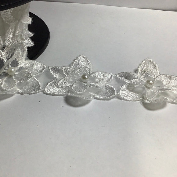 Pearl Beaded Flower Leaf Embroidered Lace Trim Ribbon Applique