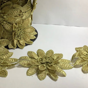 3D gold enbroidered Lace Trim, metallic gold embroidered cord scalloped lace
